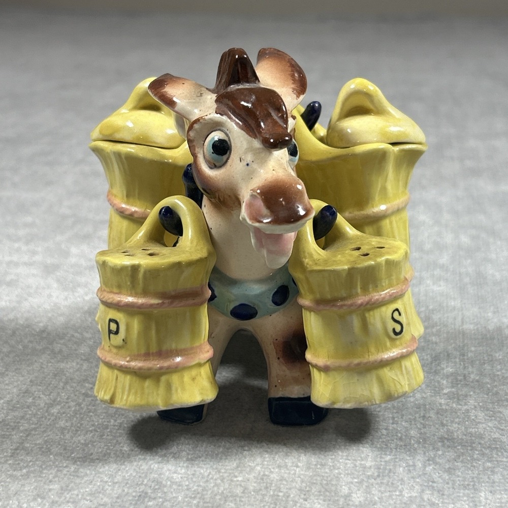 Vintage Donkey Salt Pepper Shakers Oil Vinegar Set Hanging Yellow Bale 1950s